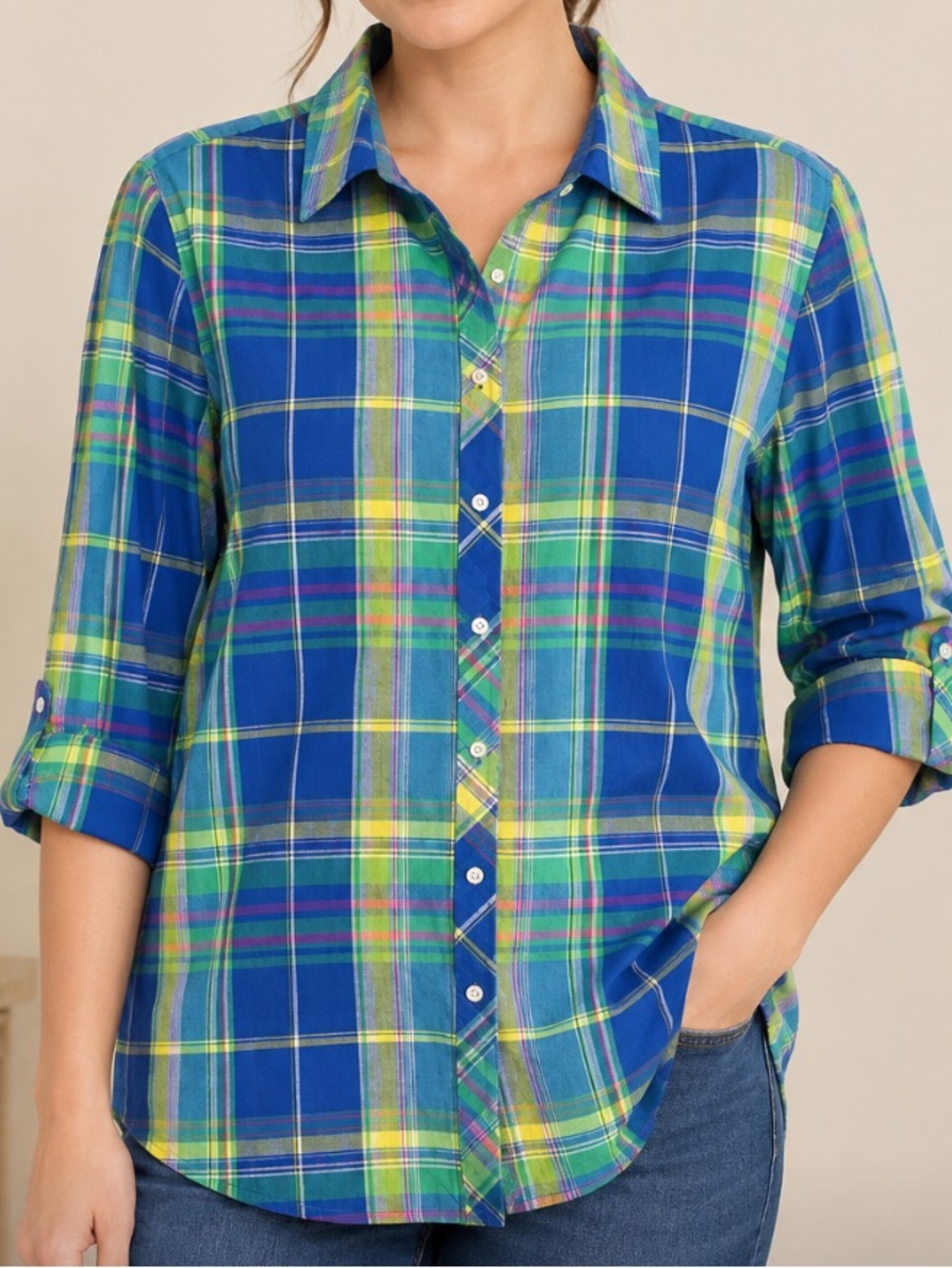 Talbots Blue & Green Plaid Button-Down Shirt XL